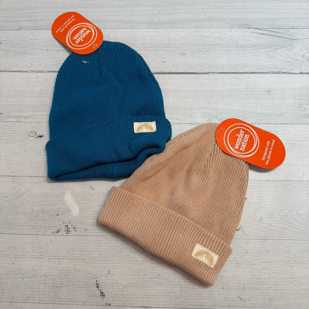 Wonder‎ nation toddler lightweight ribbed beanie hat teal and beige NEW